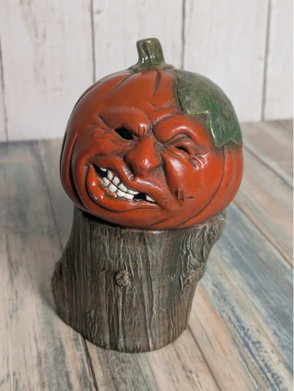 Handmade Ceramic Jack O'Lantern Pumpkin Stump Figurine 6" Vintage Halloween